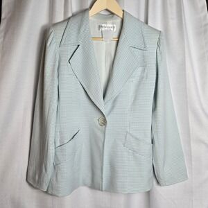 Vintage 90s Yves Saint Laurent Encore Gingham Check Blazer Light Blue Womens 10